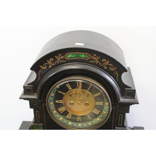 198 - A late Victorian slate and marble cased mantle clock with visible escapement, gilt face, roman dial.... 