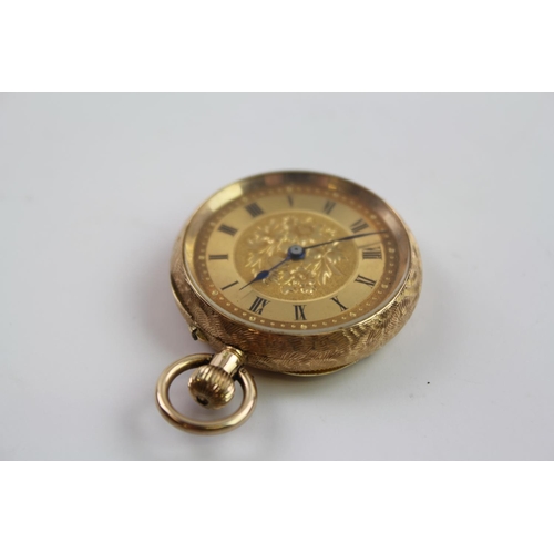 126 - A Ladies Swiss 14K marked pocket watch with engraved chapter ring.