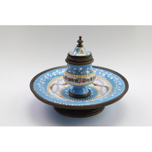 51 - A Limoges enamelled blue and pearl decorated ink stand, with gilt metal mounts.
