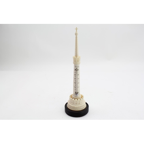 53 - Holzapfel turned based stand, with an Indian export ivory thermometer, retailed through Bracewell’s ... 