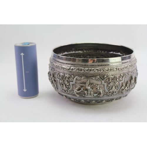 45 - A Silver coloured white metal Indian bowl. 
Weight approximately 864.6g. Size approximately 22x12