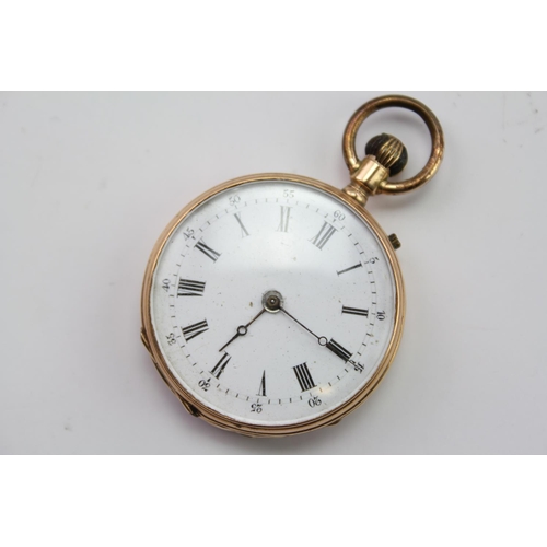 114 - A 14ct Gold marked pocket watch, with white dial and Roman numerals.