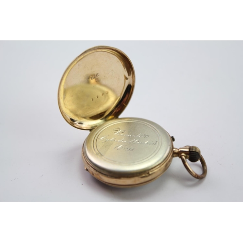 114 - A 14ct Gold marked pocket watch, with white dial and Roman numerals.