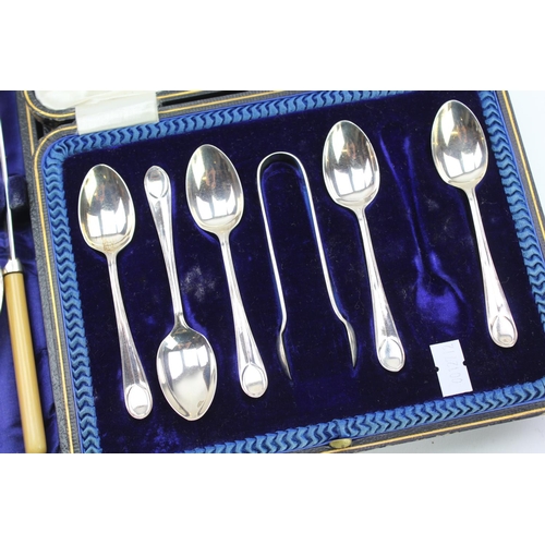 46 - A cased set of fish eaters, another similar set & 5 Silver tea spoons and sugar tongs, All Boxed.