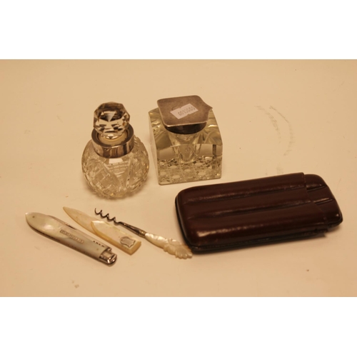 1 - A Silver mounted & Cut Glass Desk Inkwell, a Cologne Bottle with Stopper, a Silver Fruit Knife, a Mo... 