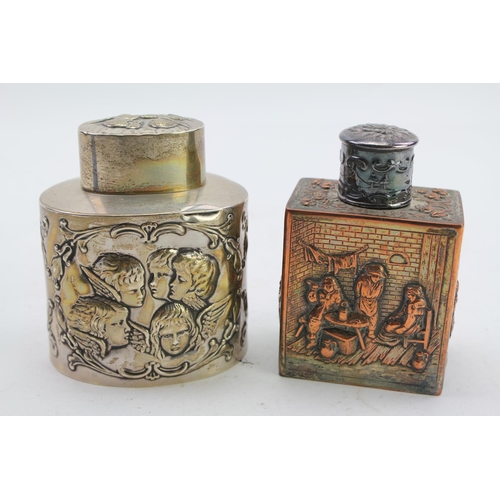 21 - A Victorian Silver tea caddy with embossed cupid heads, Chester B. Weight approx 138 grams, along wi... 