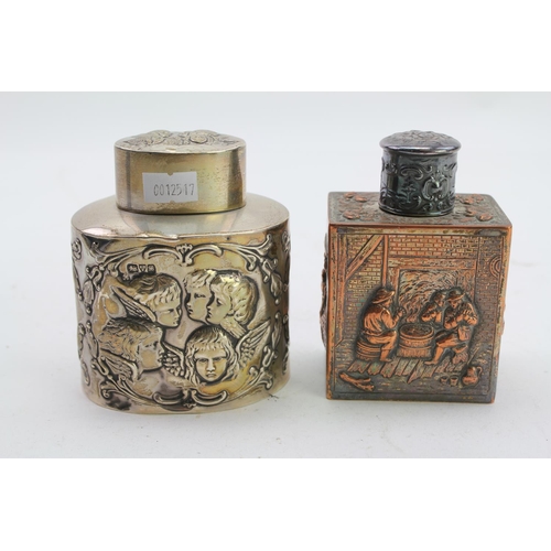 21 - A Victorian Silver tea caddy with embossed cupid heads, Chester B. Weight approx 138 grams, along wi... 