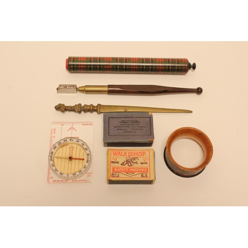 436 - A Mauchline ware McBeth Tartan Ruler with pencil in case, Napkin ring, glass cutter, paper knife, et... 