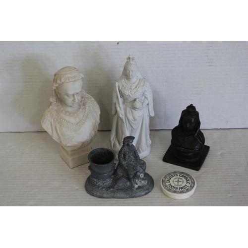 455 - A Parian study of Queen Victoria, resin bust of Victoria, tooth paste lid, etc.