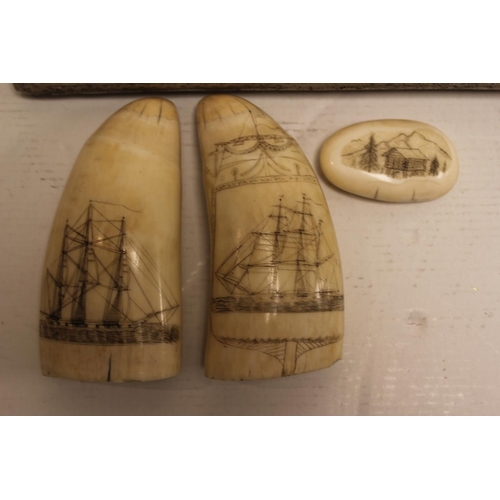 668 - Reproduction Whales Teeth Scrimshaws decorated with Boats, a Buckle & a Resin Nantucket Whaler.