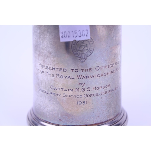 17 - A Silver Can with Glass inset, London g. Weighing: 264 grams. (Gross). Inscription: Royal Warwickshi... 