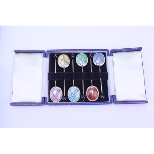 46 - A Set of 6 Harlequin Enamelled Silver Bean Handled Coffee Spoons, Hallmarked. Along with a Set of Gr... 