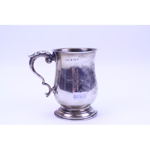 6 - A Silver & engraved Edwardian Georgian designed Mug with Flying Scroll Handle. Weighing: 151 grams.