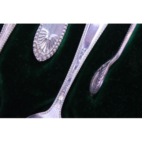 5 - A Set of 12 Beed Edged & Shell decorated Silver Tea Spoons & Tongs in Original Case. Weighing: 196 g... 