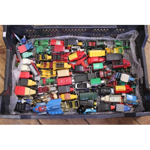 185 - A Large Box of around 50+ Play Worn Models to include Matchbox, Lledo, Corgi, etc.