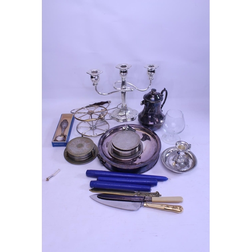 139 - A 19th Century Silver Plated Campaign Dish with Ring Handles, Candlestick, Candelabra, Brandy Balloo... 