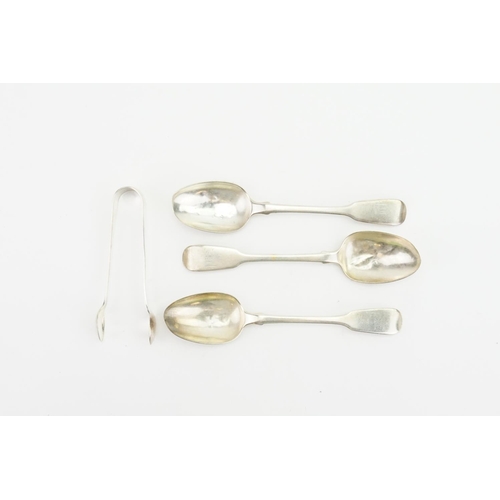 46 - A Set of Three 1842 Silver Fiddle pattern Dessert Spoons and a pair of Sugar Tongs. Total weight: ap... 