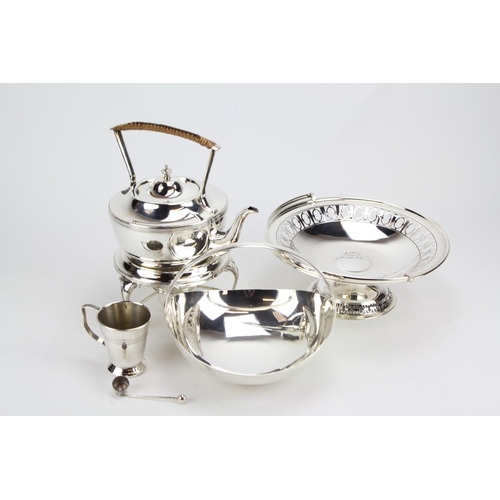 32 - A Silver Plated Arts and Craft Kettle on Stand, Two Silver Plated Bread Baskets and a Mug.