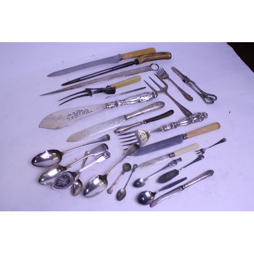 33 - A Silver Plated Meat Skewer, Grape Scissors, Fish Servers, etc.