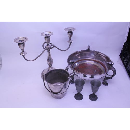 35 - A Silver Plated Fruit Bowl decorated with Griffins, a Three Branch Candelabra & an Ice Bucket.