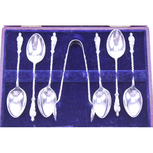 5 - A Set of Six Edwardian Silver Apostle Tea Spoons with Tongs in Original Case. Weighing: 100 grams.