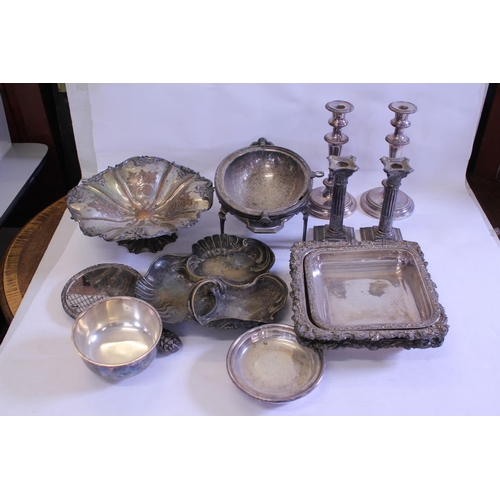 37 - A Box of Silver Plated items to include a pair of Candlesticks, Bacon Dish, Tureens, Muffin Dish, et... 