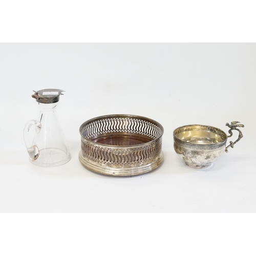 24 - A Silver Whiskey Tot with Star Cut Base, a Pierced Silver Wine Coaster & Turkish engraved Silver Mug... 