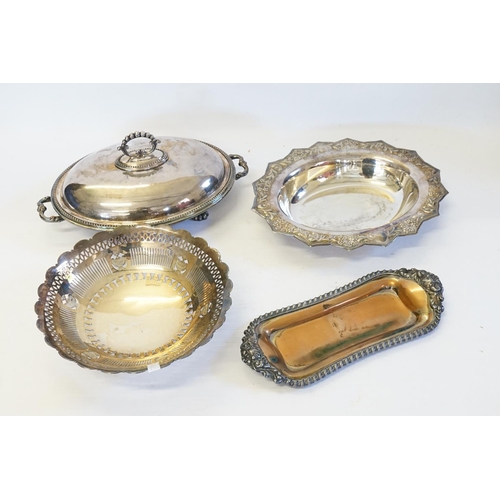 44 - A Silver Plated Entre Dish Cover & Liner, a Snuffer's Tray, etc.