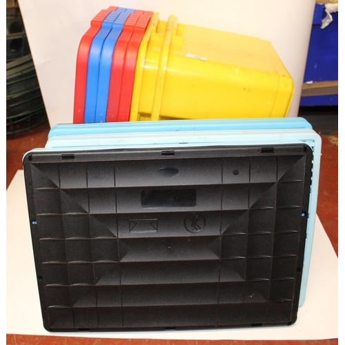 39 - 7 PLASTIC COLOURED STORAGE BOXES & 3 FOLD UP BOXES