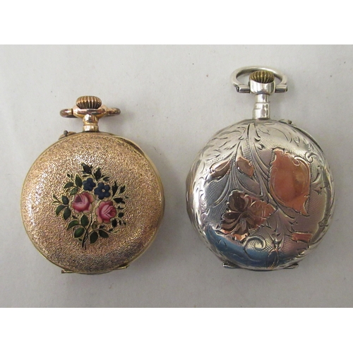 13 - Two ladies' fob watches, viz. one with an enamelled and engraved 14ct gold case, faced by an Arabic ... 