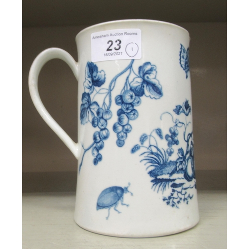 23 - A late 18thC Royal Worcester porcelain cylindrical tankard, decorated in blue and white with a parro... 