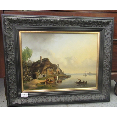 5 - Early/mid 20thC Dutch School - boats coming to shore beside a cottage  oil on board  bears... 