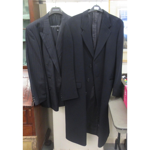 53 - A gentleman's Jaeger dark blue cashmere full-length coat  size 56; and a Jaeger two piece suit, the ... 