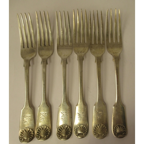 19 - A matched set of six 19thC silver fiddle and shell pattern table forks  mixed marks 