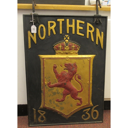 51 - A 19thC black, red and gilt painted cast iron external hanging  advertising sign, featuring a lion r... 