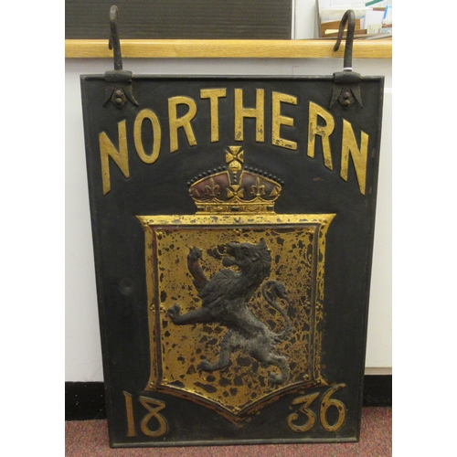 51 - A 19thC black, red and gilt painted cast iron external hanging  advertising sign, featuring a lion r... 