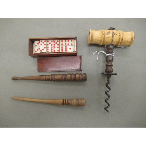 11 - Collectables: to include a 19thC bone handled corkscrew; and a Tonbridgeware thimble stand  4