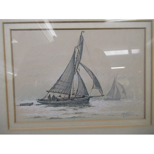 57 - Four framed pictures/prints: to include sailing boats on choppy sea  mixed media  bears an indistinc... 