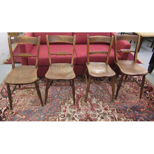 17 - A set of four late 19th/early 20thC beech and elm framed bar back dining chairs, the solid seats rai... 