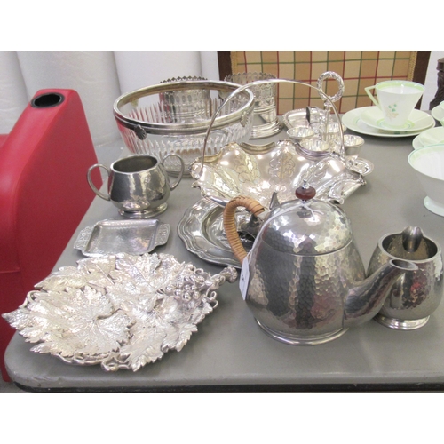 5 - 20thC silver plated and pewter tableware: to include a cruet egg cup; a three piece Tudric tea set; ... 