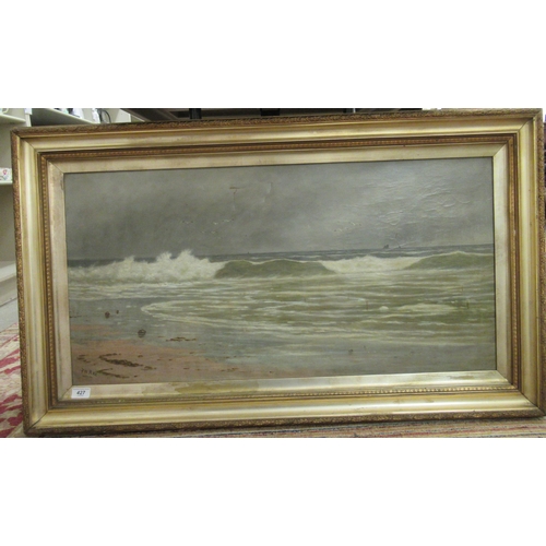 427 - Early 20thC British School - a shoreline scene, on an overcast day  oil on canvas  bears i... 