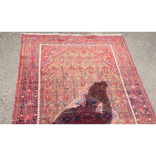 47 - A Persian rug, decorated with repeating stylised designs, on a multi-coloured ground  59