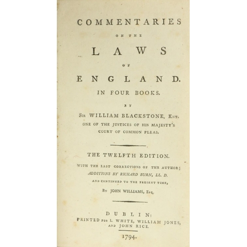 11 - Legal: Blackstone (Wm.) Commentaries on the Laws of England, 4 vols. 12mo D. 1794, cont. full calf, ... 