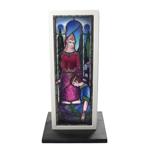 Harry Clarke StudiosRichard King (1907 - 1974)& Harry Clarke (1889 - 1931)"The Wooing of Emer by Cuchulainn," stained glass panel depicting an elegant Lady with colourful purple ground and highlighted dress and similarly decorated headpiece, with male figure kneeling in Celtic Warrior Attire, in an arched formal setting with trees in distance and two male figures lurking nearby, approx. 114cms h x 38cms w (45" x 15") Custom made box frame. (1)