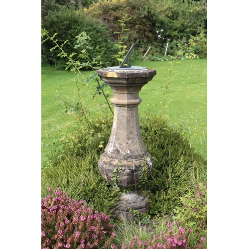 29 - A 19th Century carved bulbous shaped octagonal pillar Sundial, with slate and steel dial on top, app... 