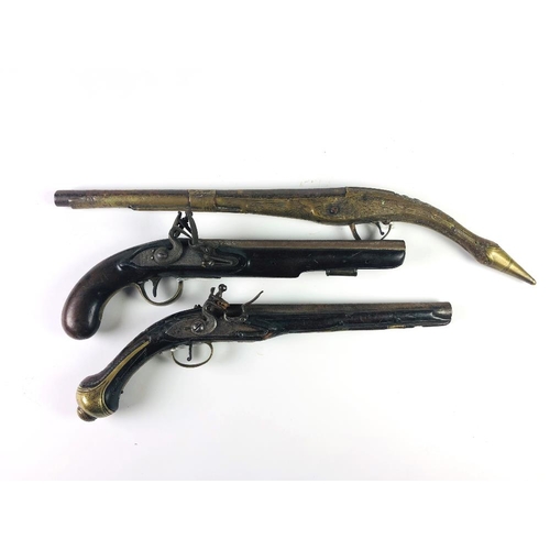 14 - Three antique flintlock Pistols, one with inset and decorative handle, the other plain, and one of M... 