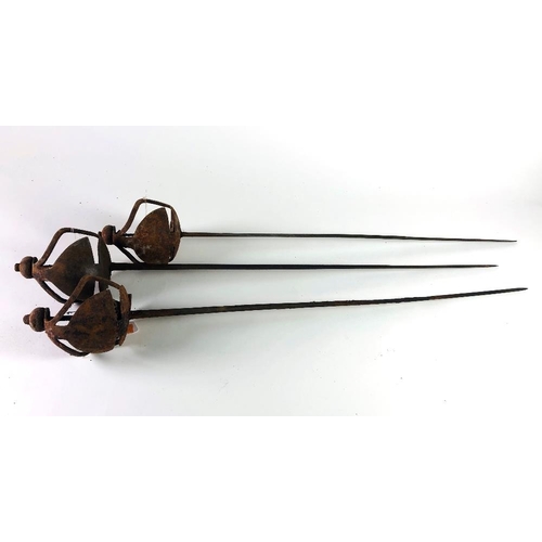 2 - A rare matching set of 3, late 17th Century / early 18th basket hilted Cavalry Backswords, each blad... 