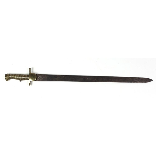 29 - A large early 19th Century steel blade Sword Bayonet, with honeycomb design brass handle, the blade ... 