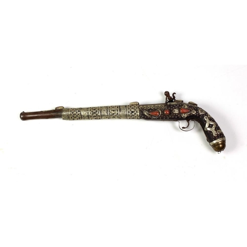 30 - A late 18th Century / early 19th Century Middle Eastern flintlock long barrel Pistol, with pierced d... 