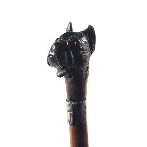 4 - A Victorian period Novelty carved wooden Walking Stick, with automated pug dog head and silver mount... 